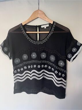 Opening Ceremony Silk Embroidered Sheer Blouse Black White XS